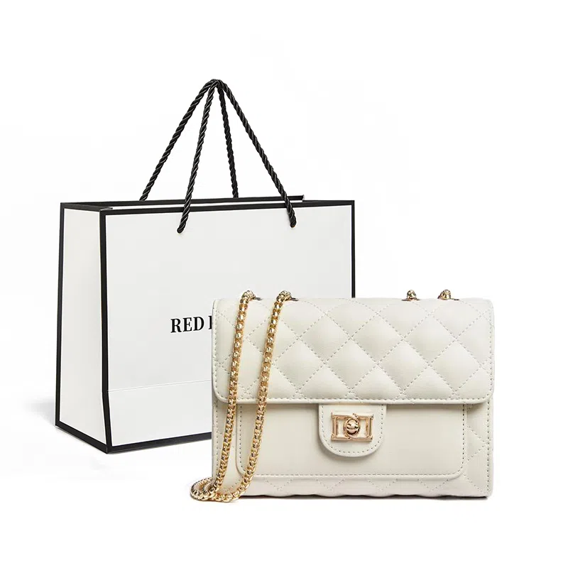 红蜻蜓 经典复古潮流时尚小众简约高级感通勤百搭菱格大容量 牛皮真皮 链条小方包斜挎单肩包 常规 女款 黑色/白色