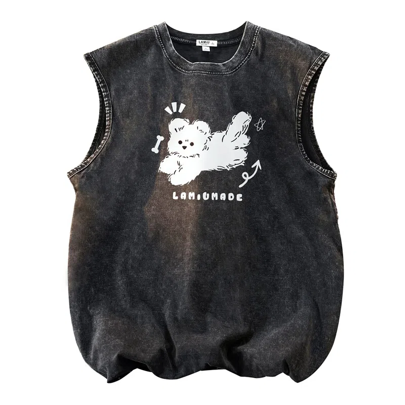 兰缪 日系复古纯色基础款简约美式宽松小狗印花圆领百搭日常通勤无袖背心 男女同款