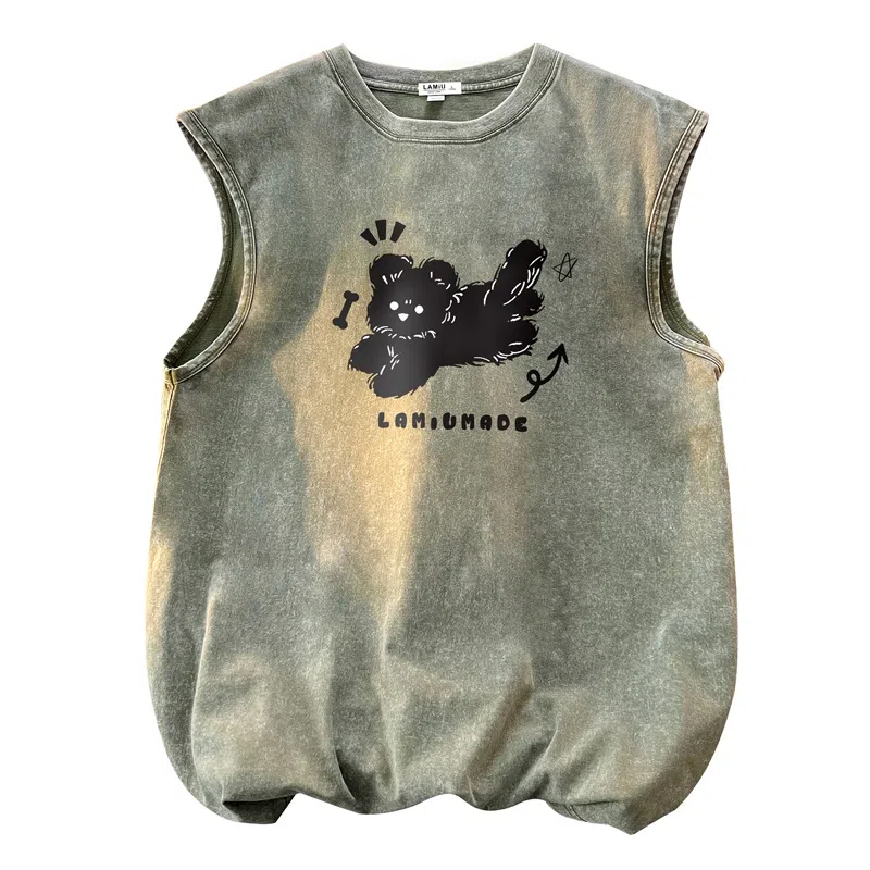 兰缪 日系复古纯色基础款简约美式宽松小狗印花圆领百搭日常通勤无袖背心 男女同款
