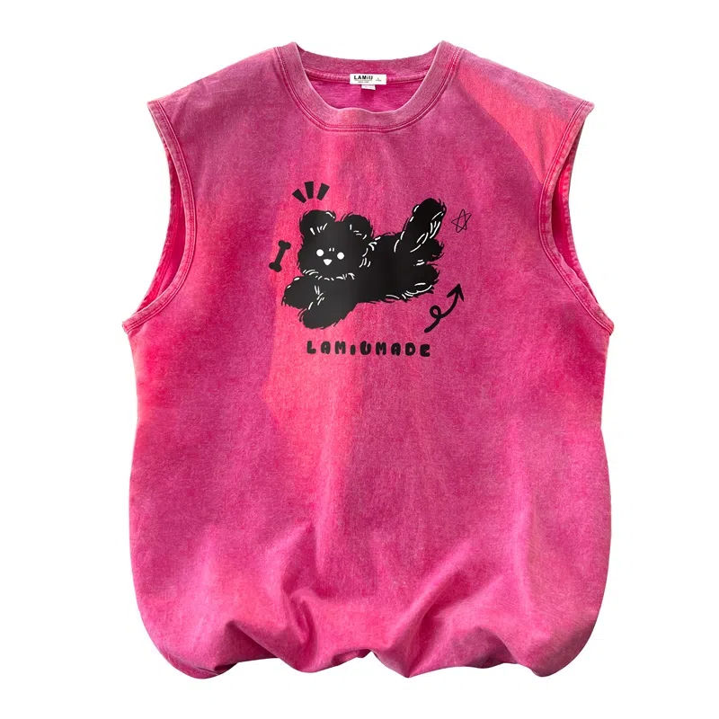 兰缪 日系复古纯色基础款简约美式宽松小狗印花圆领百搭日常通勤无袖背心 男女同款