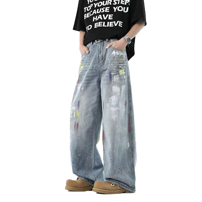 欧迪芬 美式复古高街彩色涂鸦做旧水洗嘻哈风设计弯刀裤个性宽松休闲运动舒适透气时尚百搭潮流垂感拖地阔腿直筒牛仔裤 男女同款 蓝色