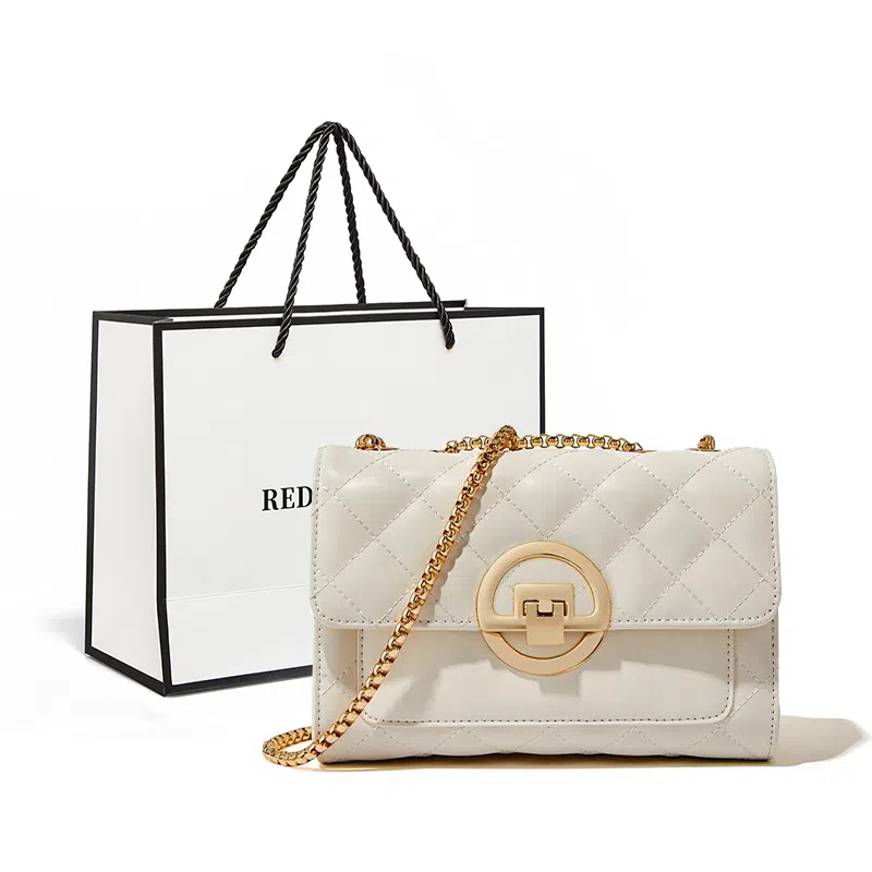 红蜻蜓 经典复古潮流时尚小众简约高级感通勤百搭菱格大容量 牛皮真皮 链条小方包斜挎单肩包 常规 女款 黑色/白色