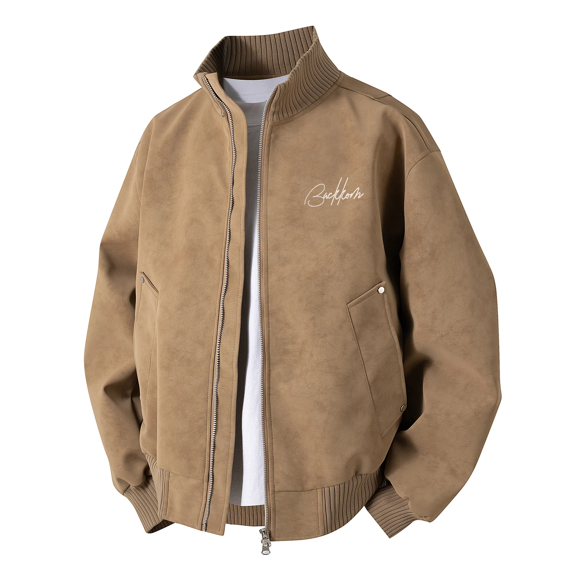 大卫贝肯 美式高街简约字母印花机车风美拉德色系高级感宽松休闲百搭立领皮夹克外套 男女同款