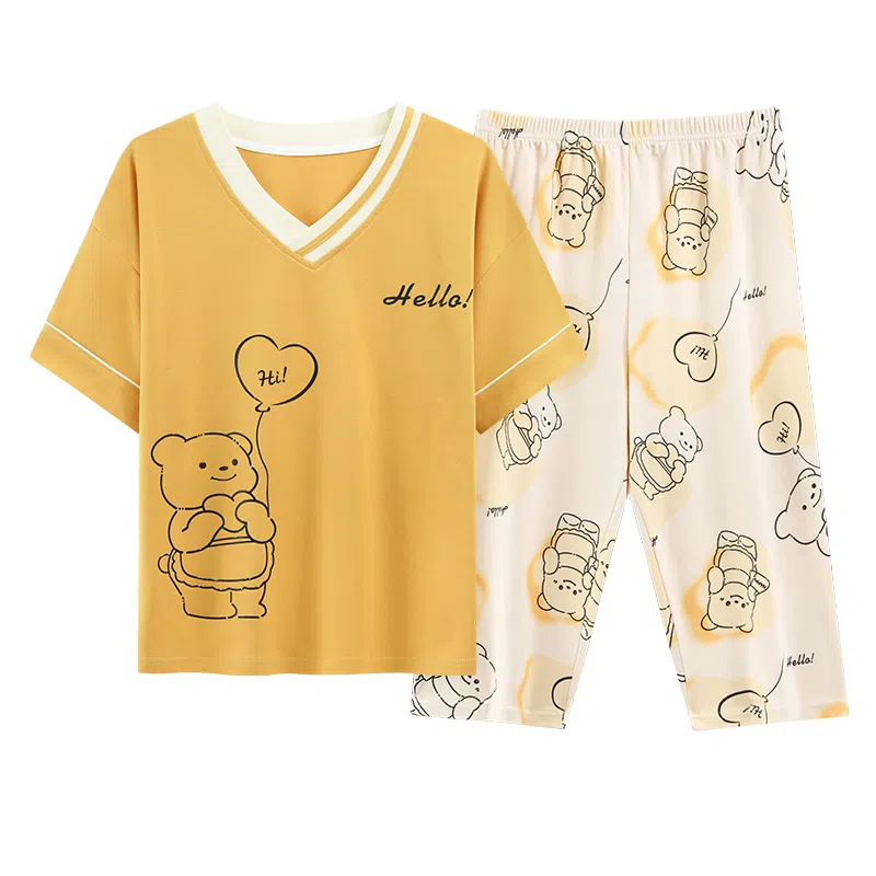 莫代尔 时尚简约轻盈休闲小清新亲肤舒适带胸垫七分裤居家服睡衣套装 女款 黄色