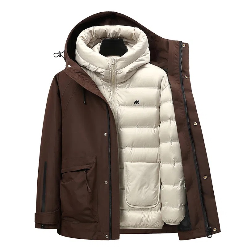 鸭鸭 可拆卸内胆三合一连帽纯色时尚简约保暖性强百搭多口袋设计户外机能羽绒服 男女同款