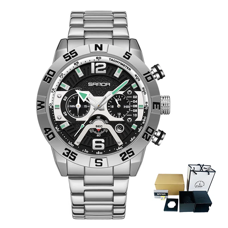 三达腕表国表潮流酷炫个性百搭 石英机芯 男表 黑色表盘 夜光效果日历防水