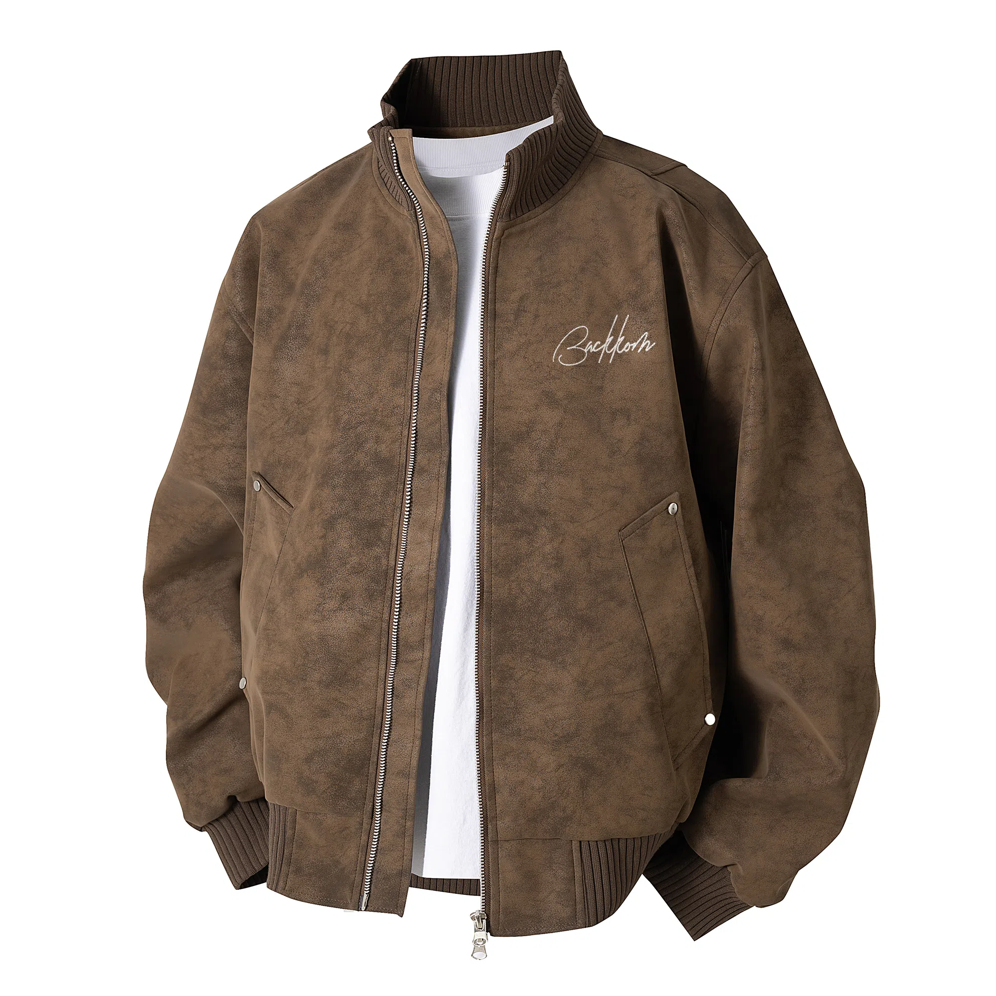 大卫贝肯 美式高街简约字母印花机车风美拉德色系高级感宽松休闲百搭立领皮夹克外套 男女同款