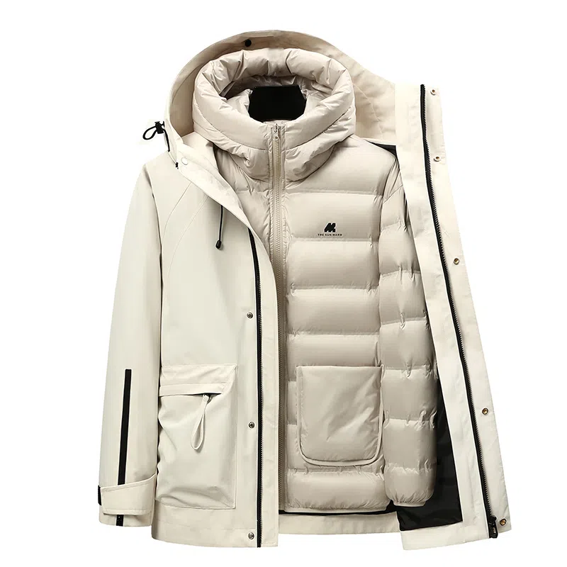 鸭鸭 可拆卸内胆三合一连帽纯色时尚简约保暖性强百搭多口袋设计户外机能羽绒服 男女同款