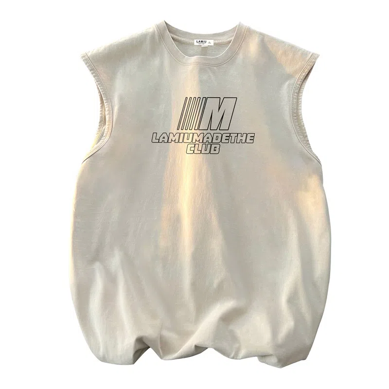 兰缪 日系复古纯色基础款简约宽松美式字母透气水洗做旧圆领百搭无袖背心 男女同款