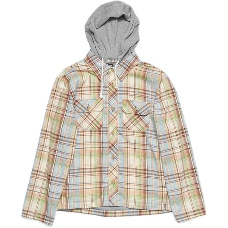 Acne Studios FW24 Face Plaid Hoodie Shirt Jacket Brown Green