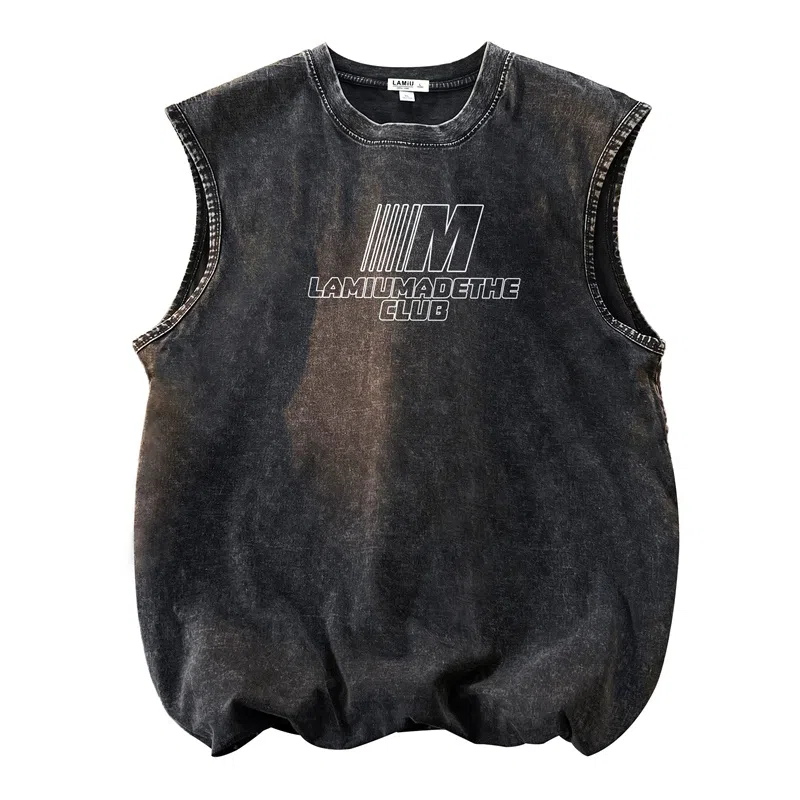 兰缪 日系复古纯色基础款简约宽松美式字母透气水洗做旧圆领百搭无袖背心 男女同款