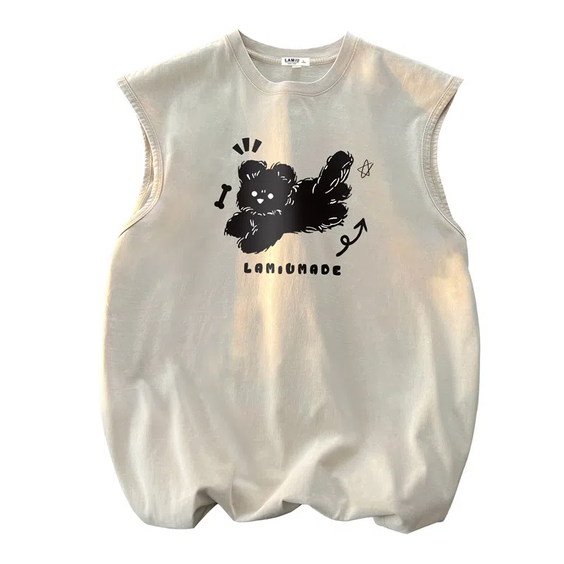 兰缪 日系复古纯色基础款简约美式宽松小狗印花圆领百搭日常通勤无袖背心 男女同款