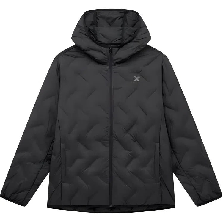 特步 跑步系列 纯色拉链连帽舒适透气短款羽绒服 男款 正黑色