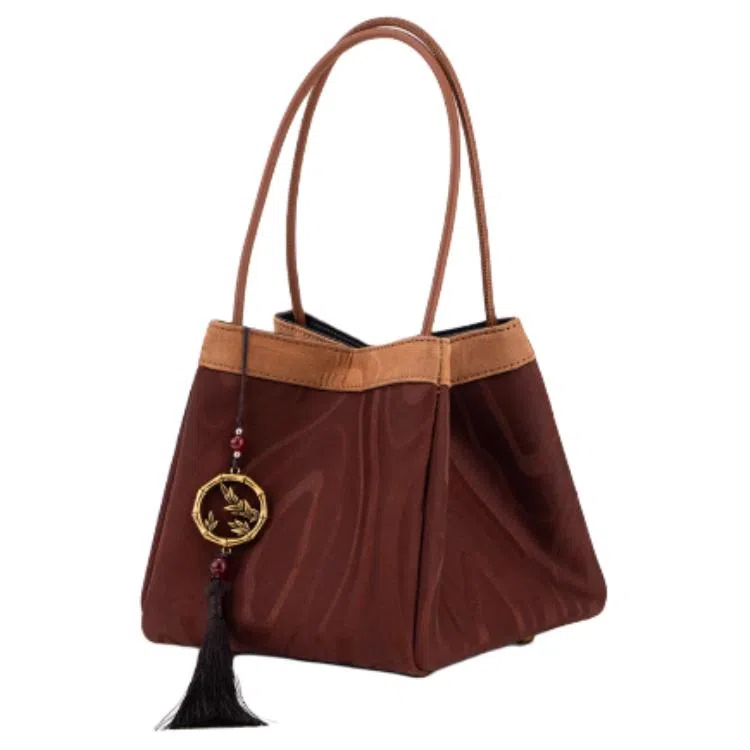 上海故事 新中式国风拼接设计 桑蚕丝香云纱 手提包 中号 女款 新黄绿/铁锈红