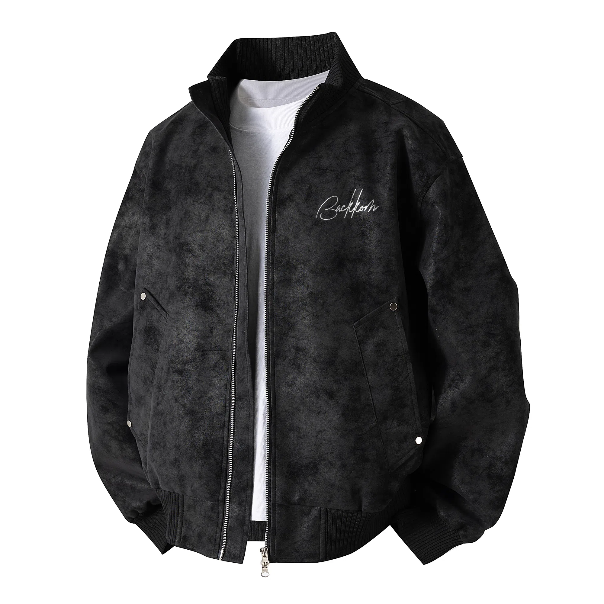 大卫贝肯 美式高街简约字母印花机车风美拉德色系高级感宽松休闲百搭立领皮夹克外套 男女同款