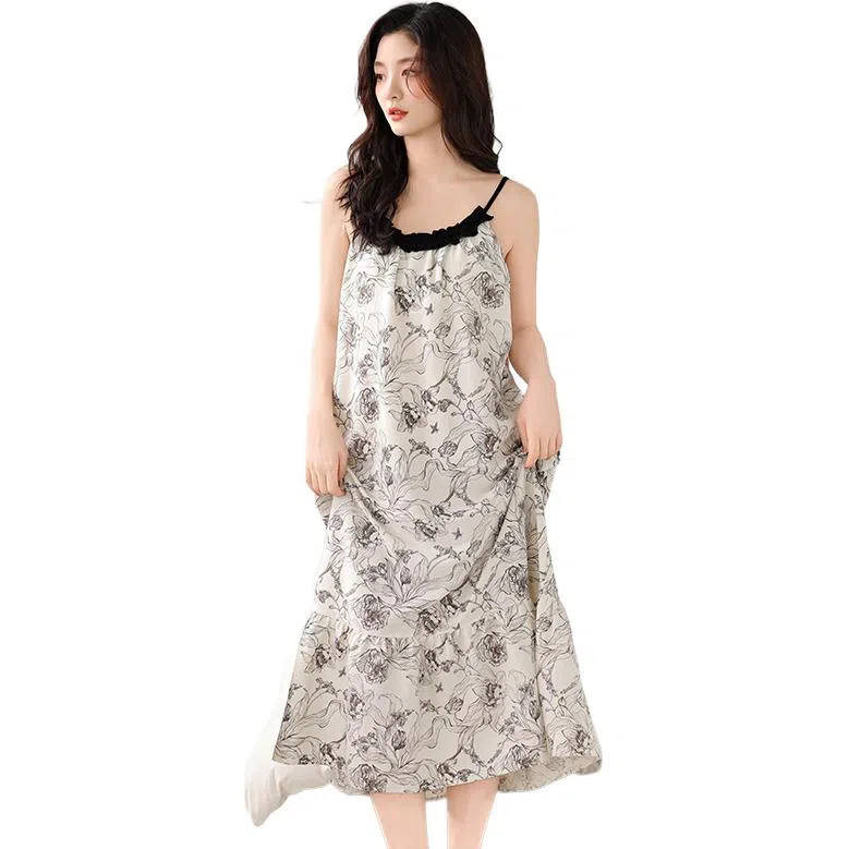 兰缪 慵懒吊带带胸垫防凸点可外穿家居服轻薄透气夏季睡裙 女款