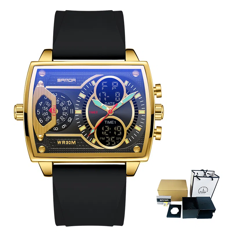 三达骷髅头系列商务创意个性 电子+石英机芯 硅胶表带 国表 男表 黑色表盘 防水夜光多功能