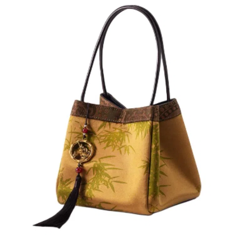 上海故事 新中式国风拼接设计 桑蚕丝香云纱 手提包 中号 女款 新黄绿/铁锈红
