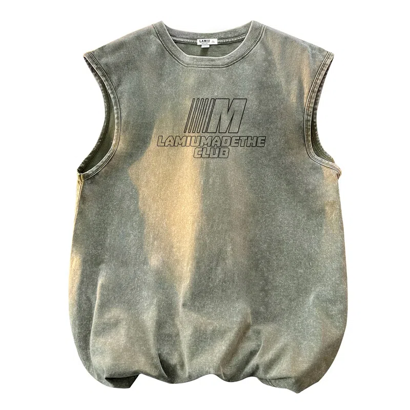 兰缪 日系复古纯色基础款简约宽松美式字母透气水洗做旧圆领百搭无袖背心 男女同款