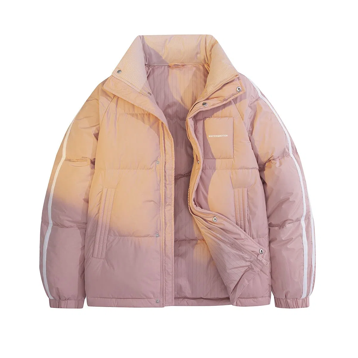 鸭鸭 撞色条纹印花时尚休闲无性别立领羽绒服 男女同款