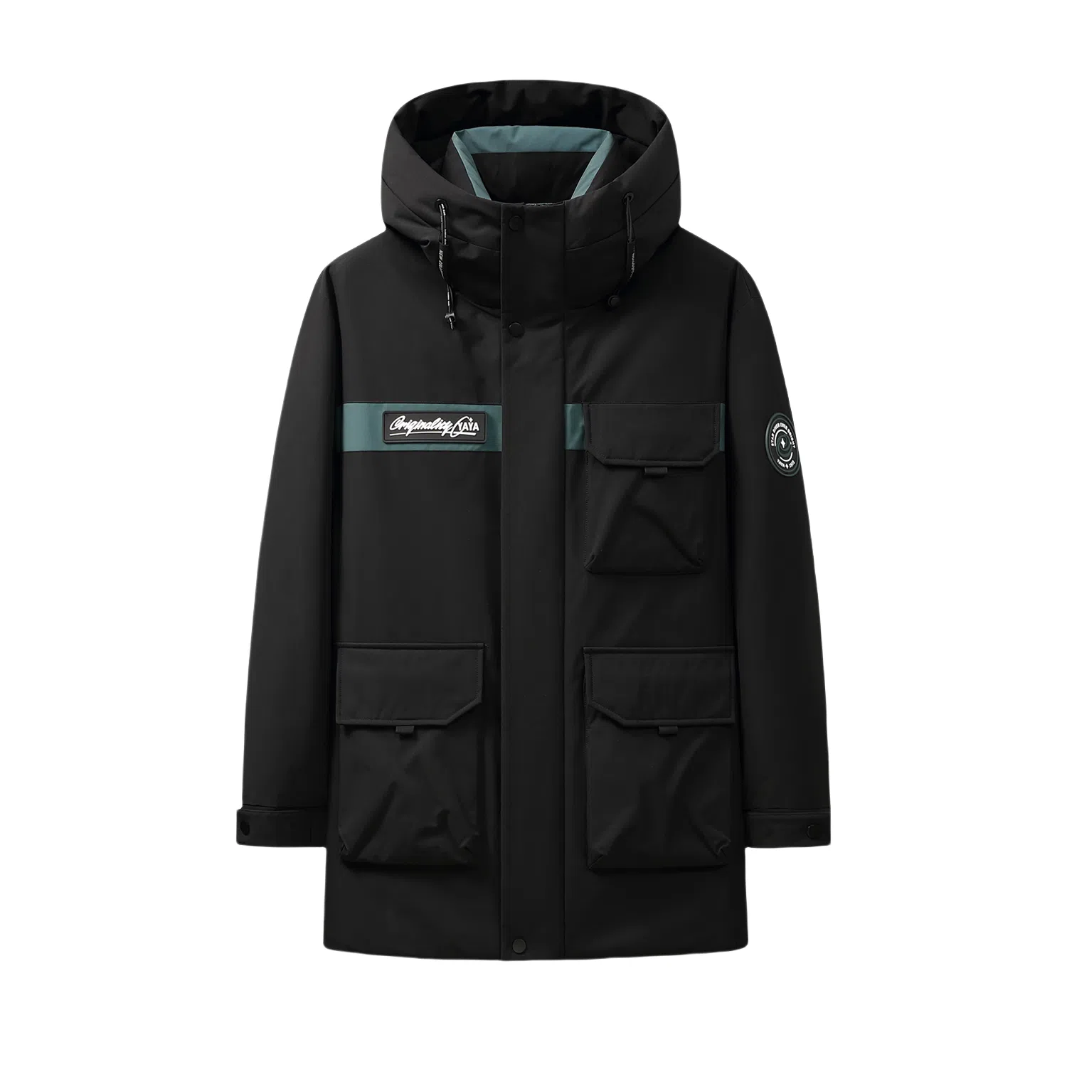 鸭鸭 山系户外风工装多口袋插色拼接立体滴塑休闲宽松连帽套头羽绒服 男女同款