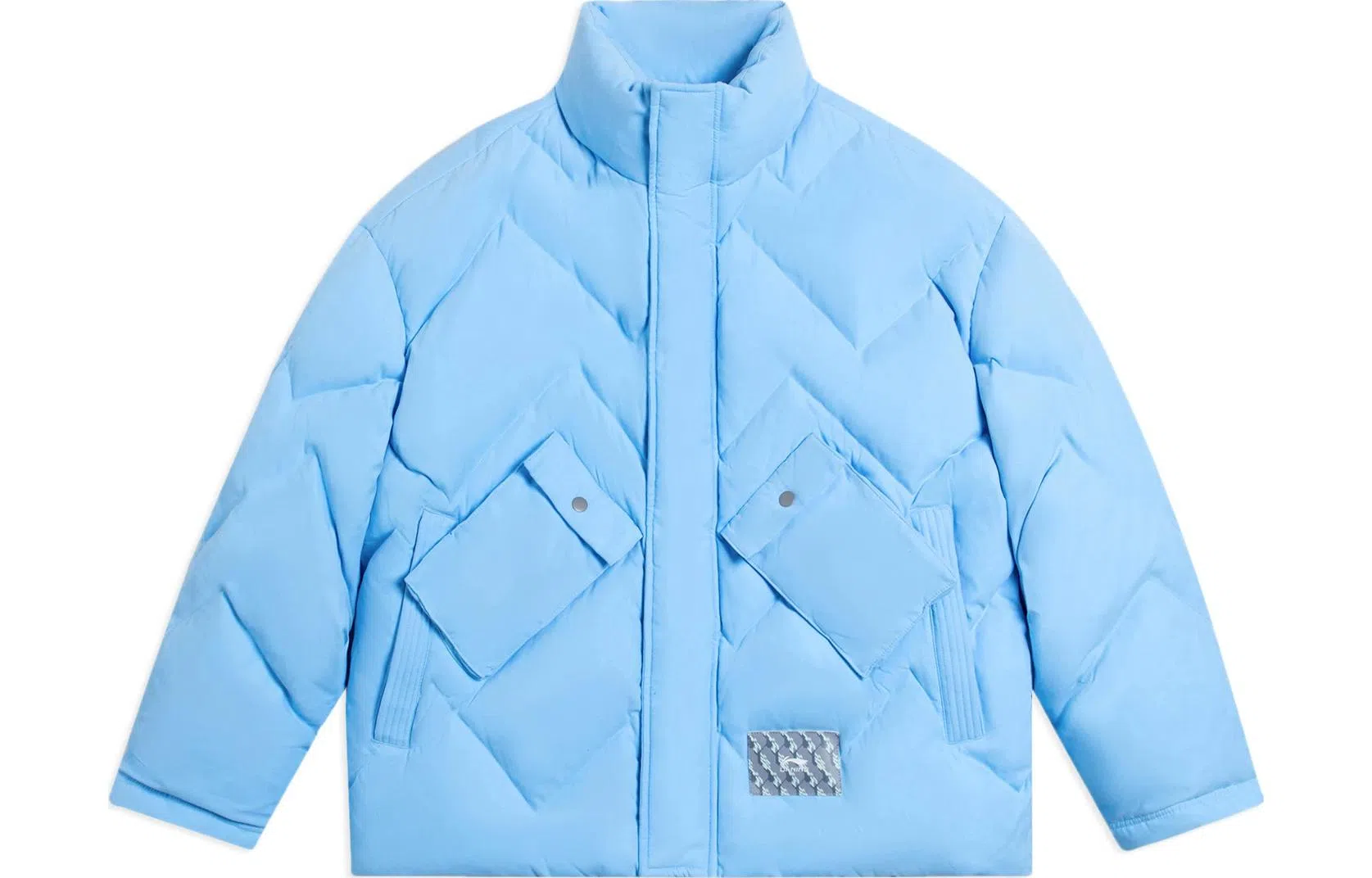 李宁 中国李宁 拼色多口袋拉链开衫短款色块立领羽绒服 男款 月白蓝色