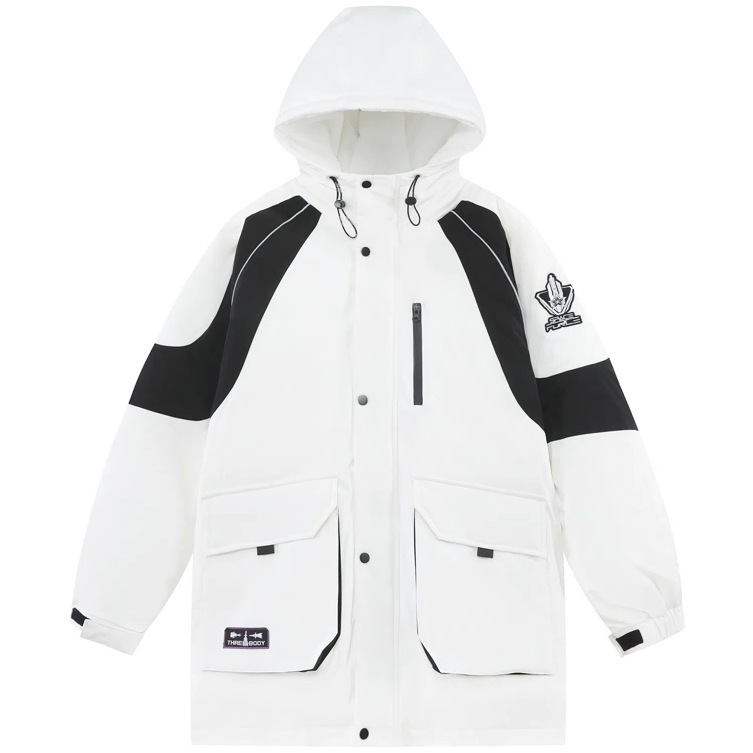 三体 太空亚洲战舰队系列 拼接撞色字母绣花章保暖加厚防风防水派克服拉链工装口袋户外休闲中长款连帽羽绒服外套 男女同款