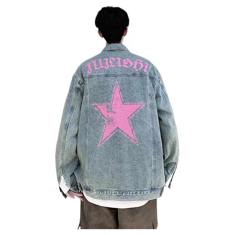 人本 美式复古重水洗拼接多口袋工装上衣背面大印花字母星星图案翻领宽松夹克衫落肩长袖单排扣开衫牛仔外套 男女同款 蓝色