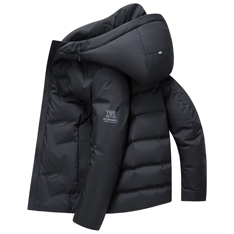 鸭鸭 休闲连帽短款经典字母印花无缝热压重磅保暖羽绒服 男款