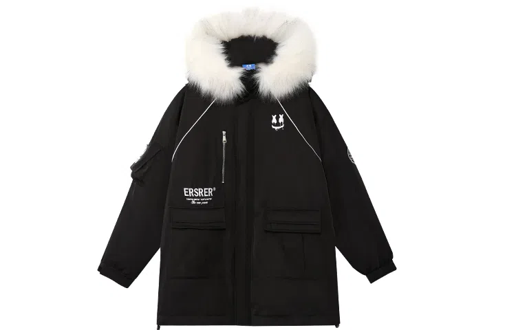 ER Letter Print Fleece Lined Mid-Length Hoodie Down Jacket