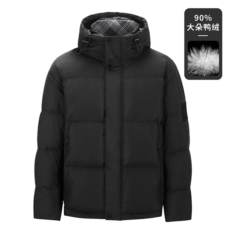 鸭鸭 撞色格子领保暖中长款连帽羽绒服外套 男款