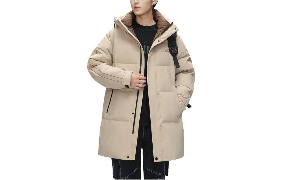 鸭鸭 连帽拉链长袖中长款羽绒服 男款