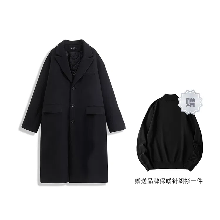 我是大卫 毛呢纯色中长款高级感保暖加厚韩版休闲外套大衣 男女同款