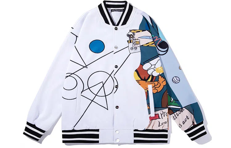 FireMonkey Geometric Cartoon Print Baseball Jacket White