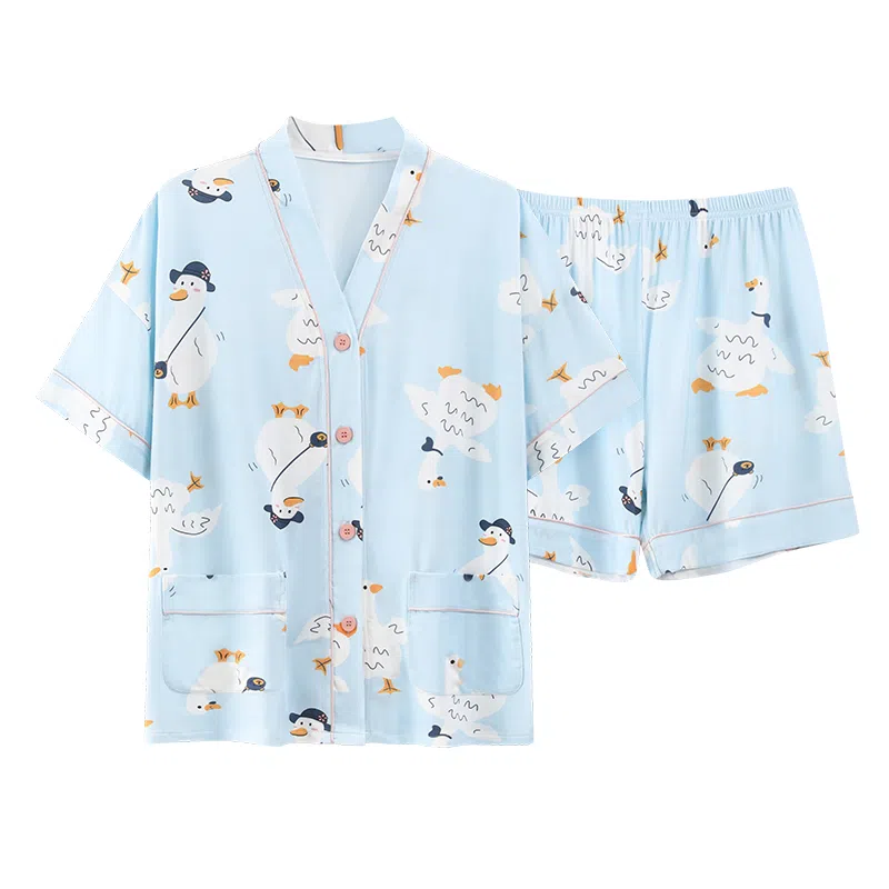 莫代尔 亲肤休闲细腻轻薄时尚舒适开衫甜美短袖居家服睡衣套装 女款 天蓝色