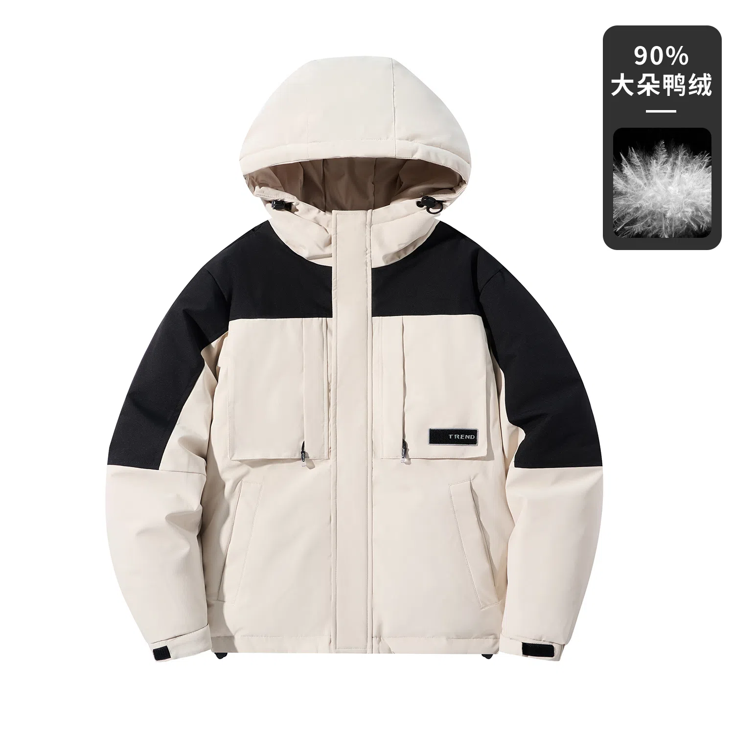 鸭鸭 山系户外多口袋工装风加厚保暖防风休闲宽松连帽套头羽绒服 男女同款