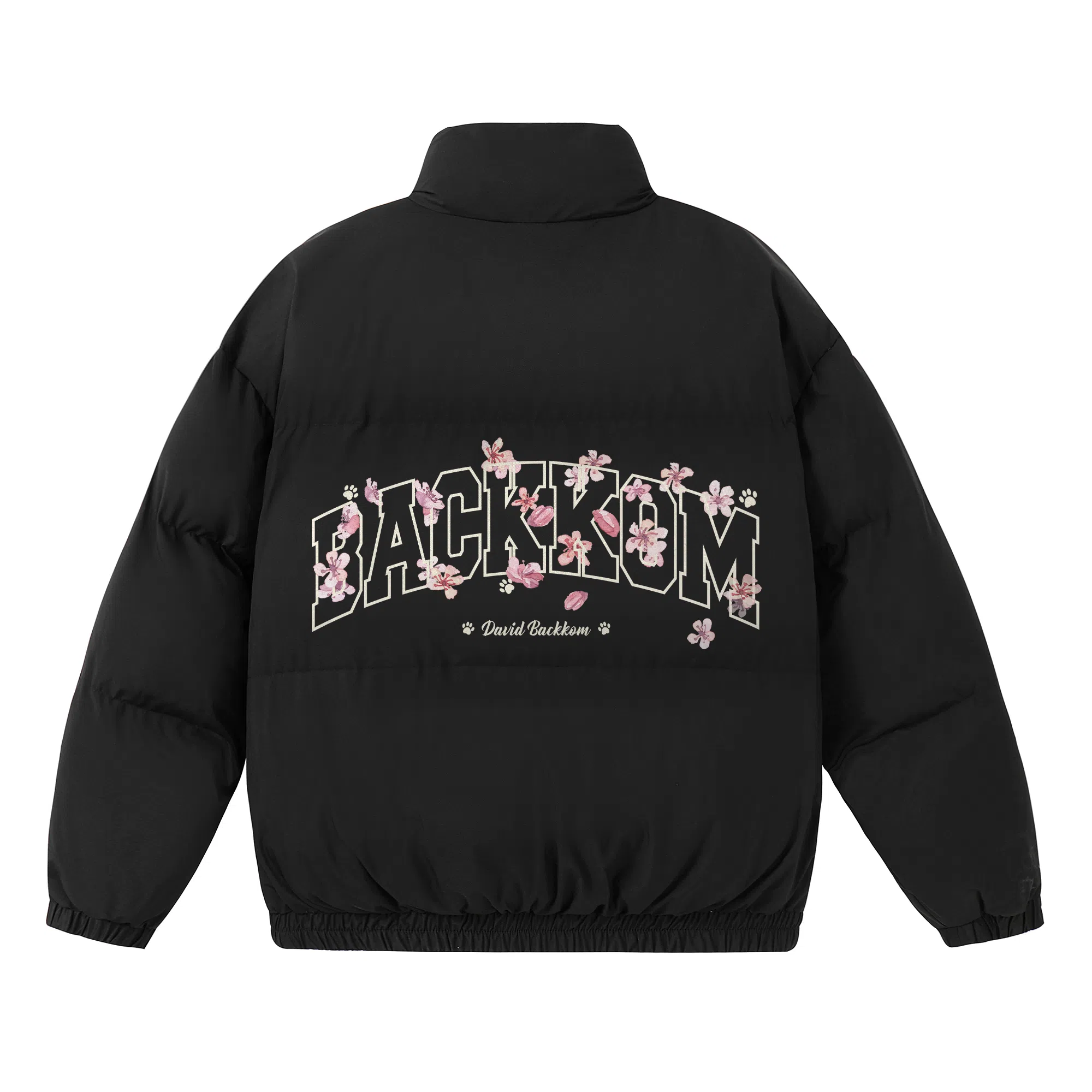 大卫贝肯 美式复古潮流个性樱花花卉字母印花日常出行通勤休闲宽松百搭立领高街面包服加厚保暖棉服 男女同款 黑色