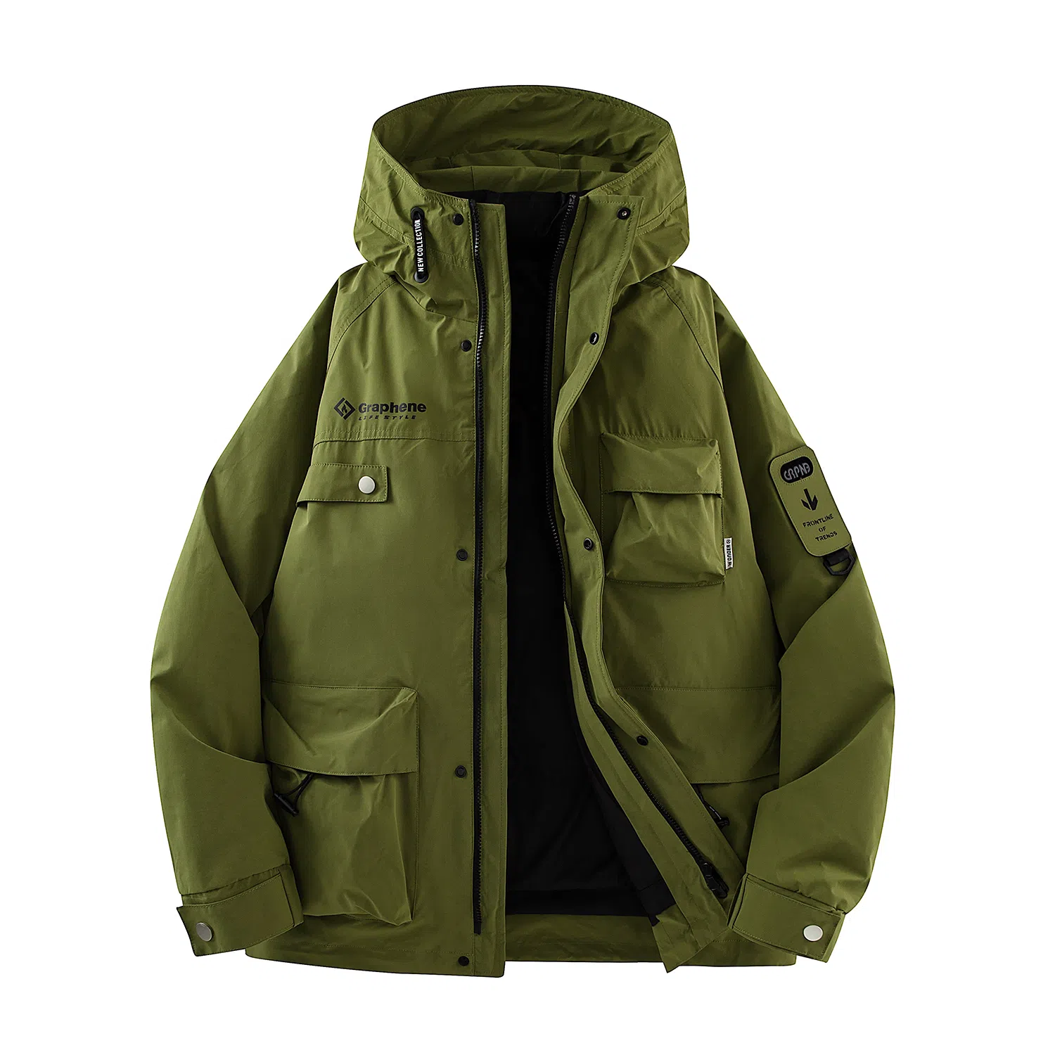 鸭鸭 山系字母印花立体多口袋设计连帽保暖羽绒服 男女同款