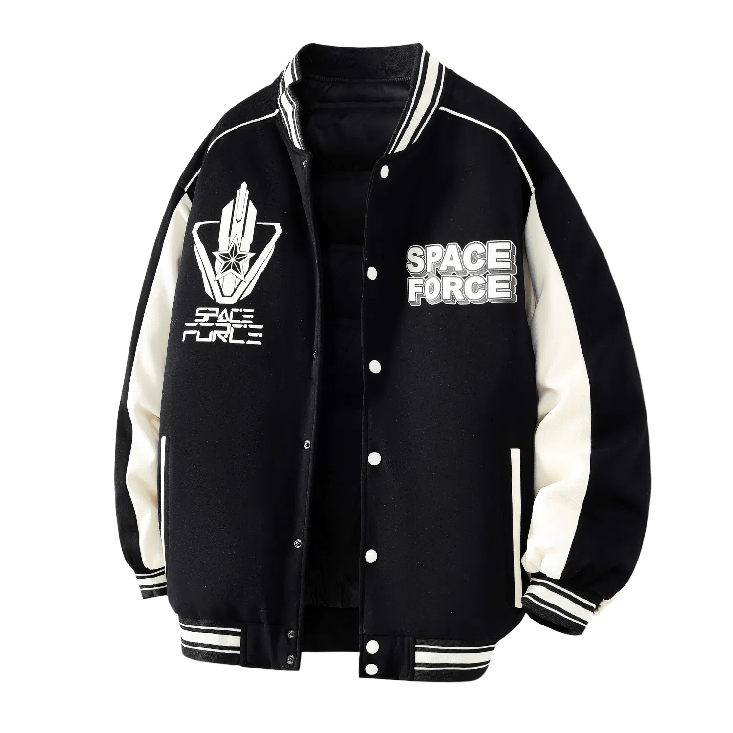 三体 太空亚洲舰队系列 休闲复古美式宽松趣味英文字母发泡印花学院风拼接撞色保暖加厚飞行员棒球夹克多巴胺羽绒服 男女同款