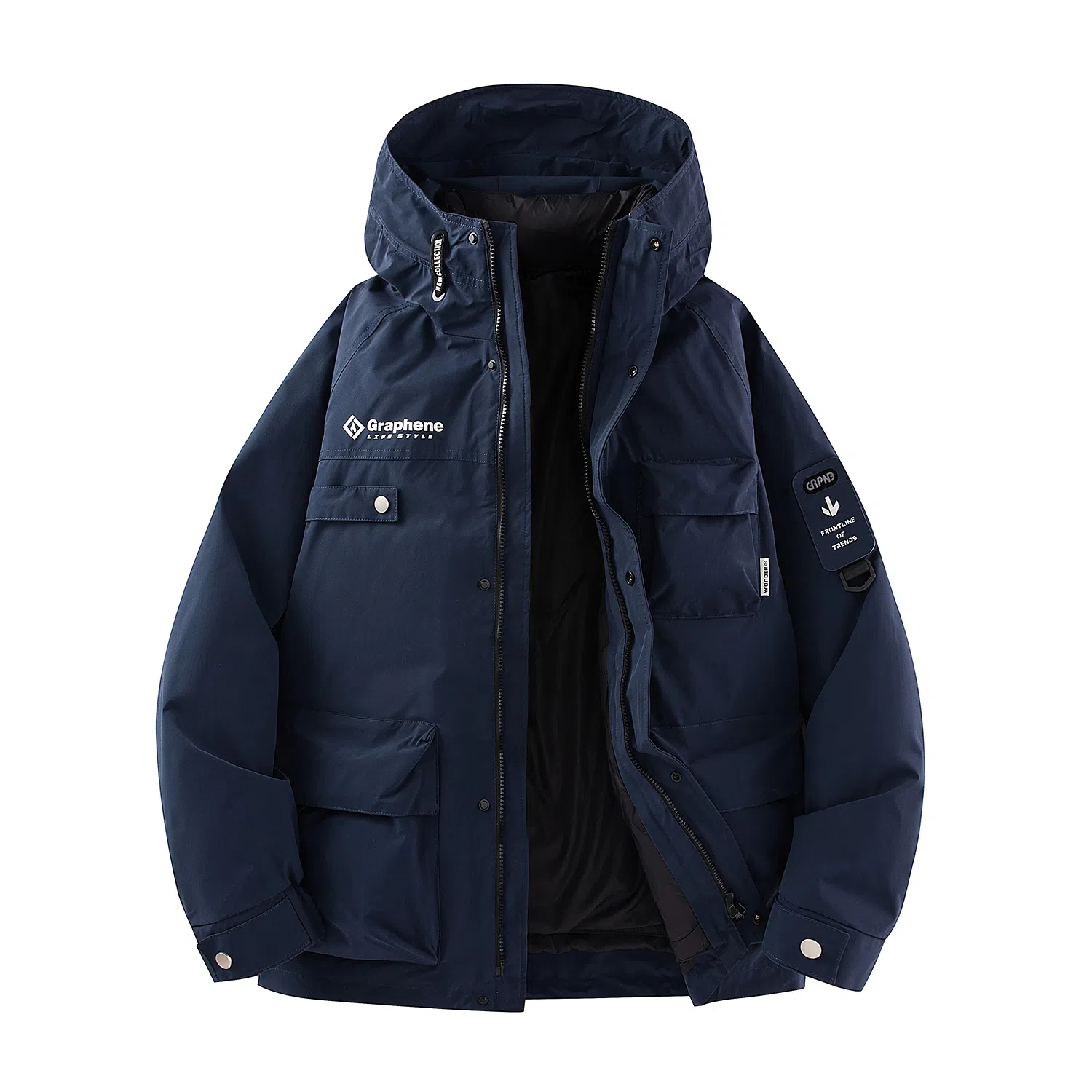 鸭鸭 山系字母印花立体多口袋设计连帽保暖羽绒服 男女同款