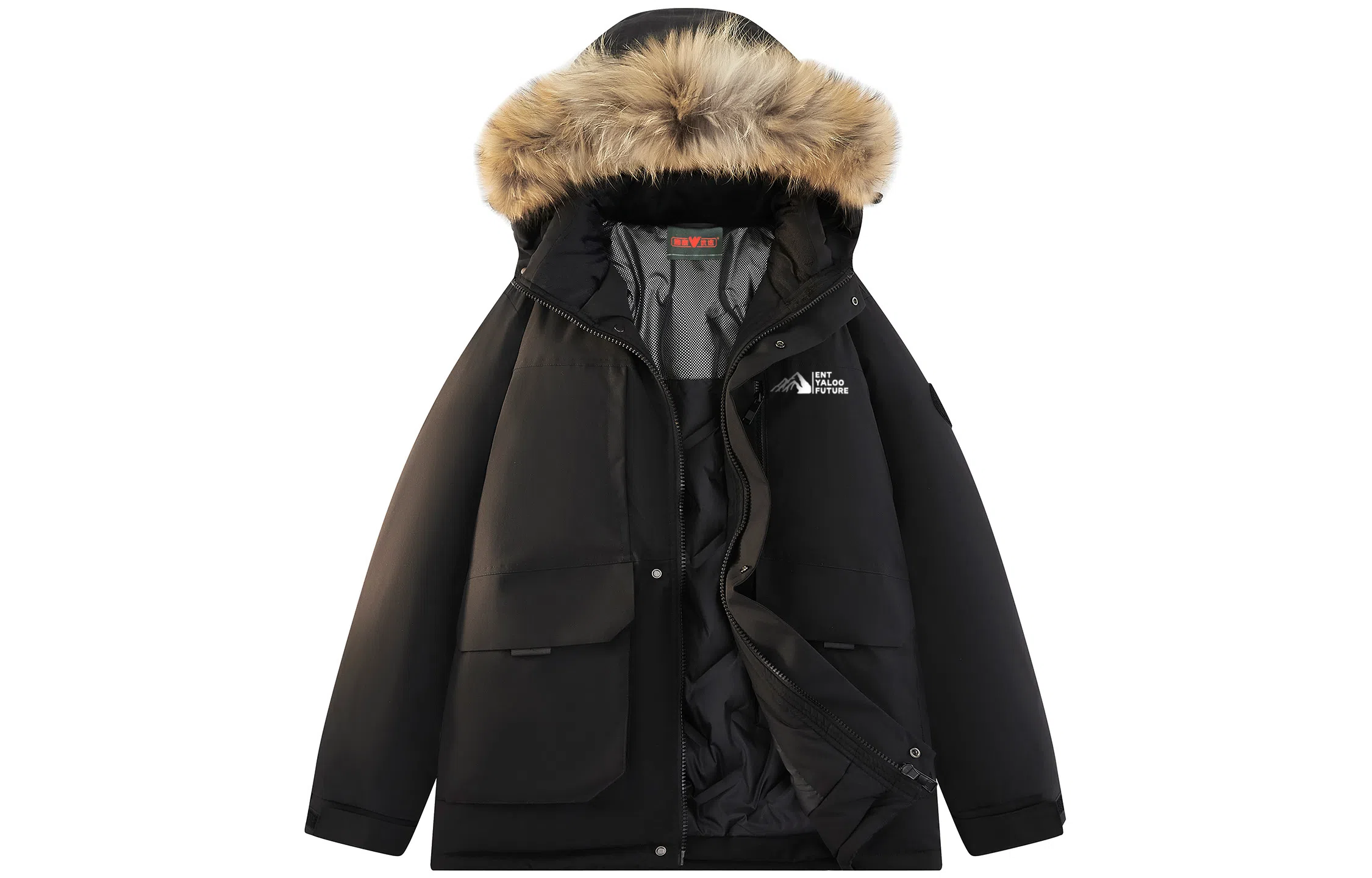 雅鹿 复古工装大口袋设计户外纯色山系立体字母户外可拆卸毛领连帽派克服宽松休闲加厚内里石墨烯保暖中长款羽绒服 男女同款