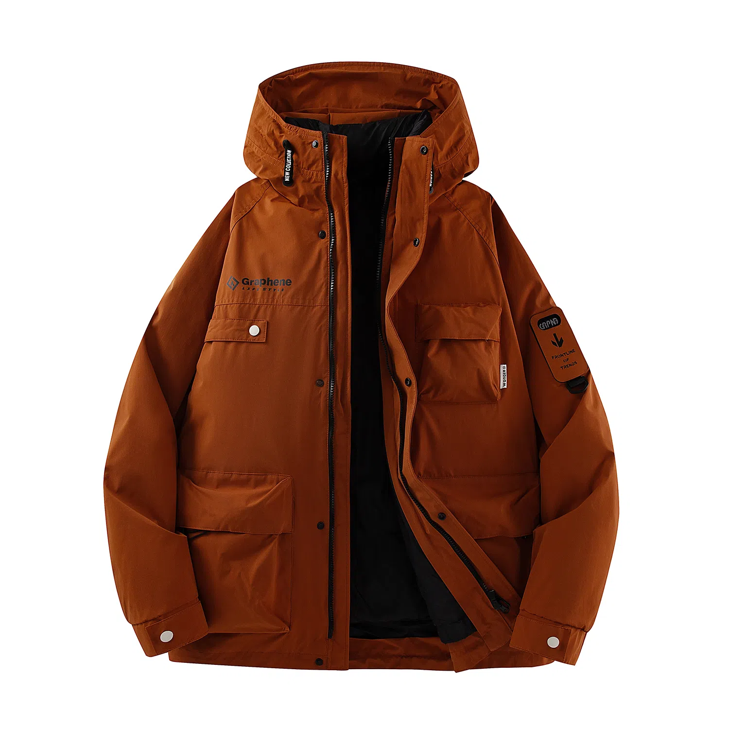 鸭鸭 山系字母印花立体多口袋设计连帽保暖羽绒服 男女同款