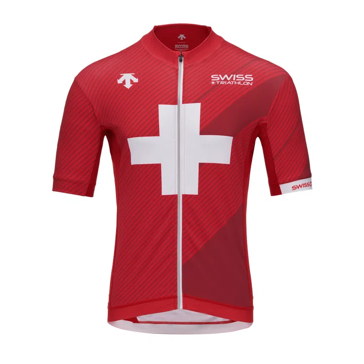 DESCENTE Triathlon Stripe Cross Print Zip Jacket Red