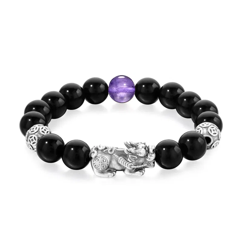 【s999足银貔貅】 喜宝春花 八方来财紫水晶转运珠佛珠父亲前程似锦平安喜乐男朋友诸事顺利国风新中式古风好运 黑檀 手串 男女同款情侣款