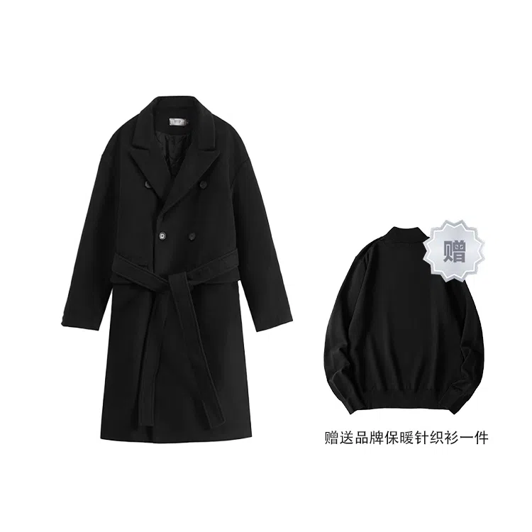 我是大卫 纯色复古中长款过膝保暖加厚毛呢大衣 男女同款