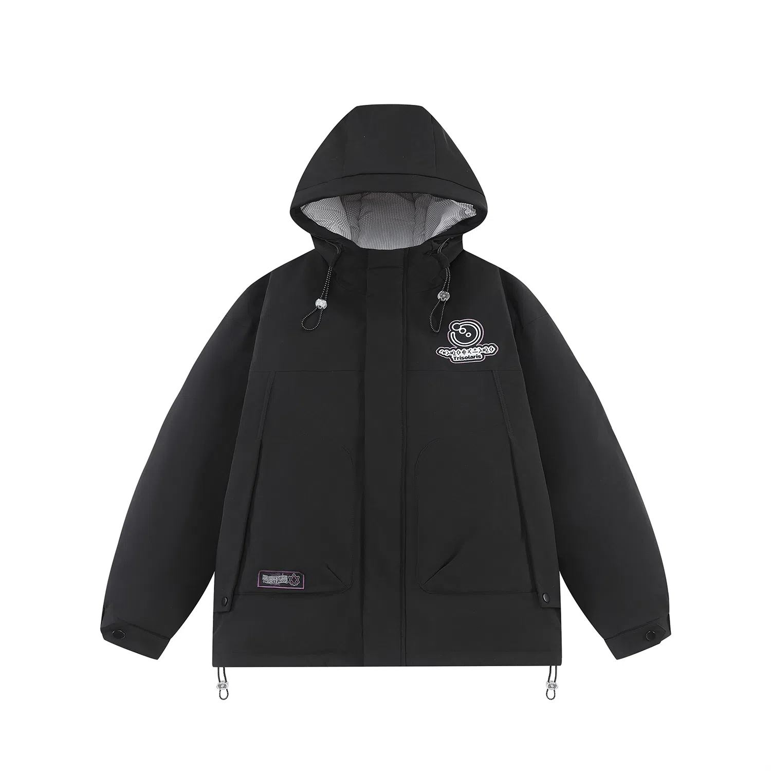 三体 红岸基地超级符号绣章系列 户外防风防水防寒字母印花连帽休闲加厚保暖舒适美式复古潮牌面包服长袖羽绒服 男女同款