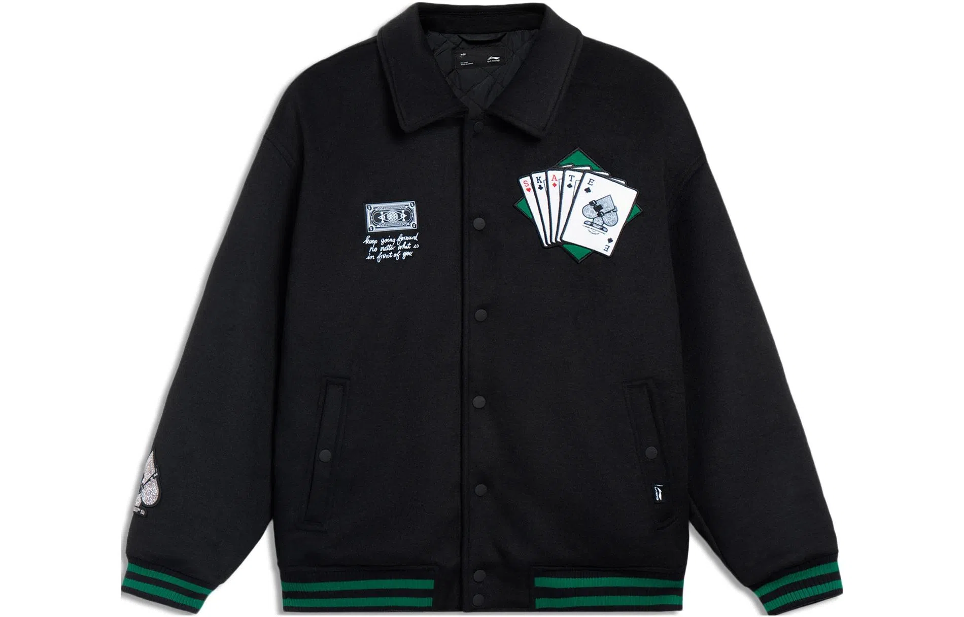 中国李宁 滑板系列 日进斗金 图案刺绣单排扣长袖棉服外套 男款 黑色