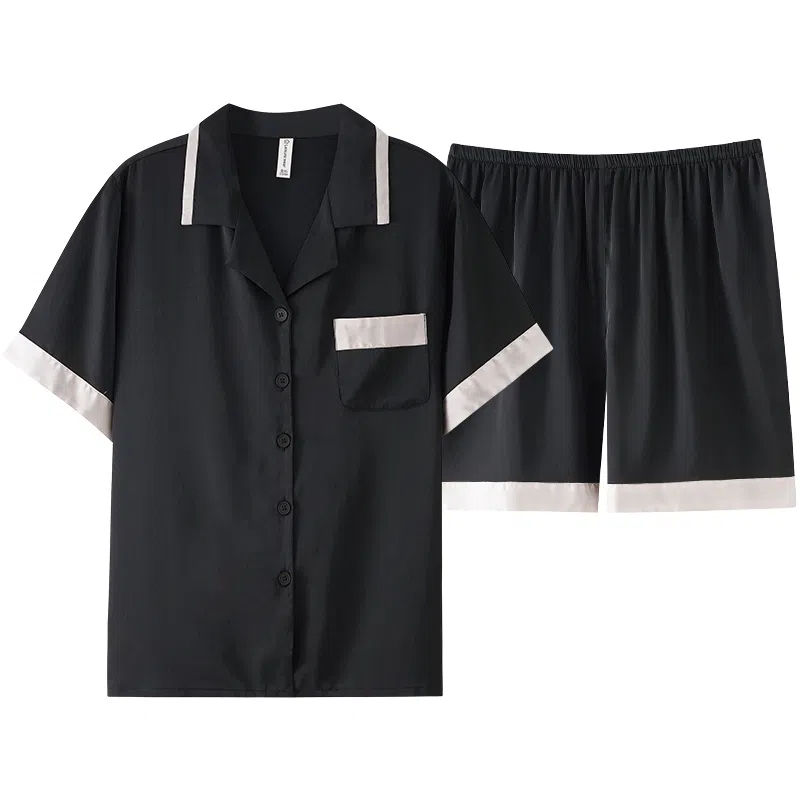 夏芬妍 简约高级感舒适凉感撞色缎面冰雪丝翻领家居服亲肤休闲短袖短裤时尚可外穿夏季薄款睡衣套装 男女同款 黑色