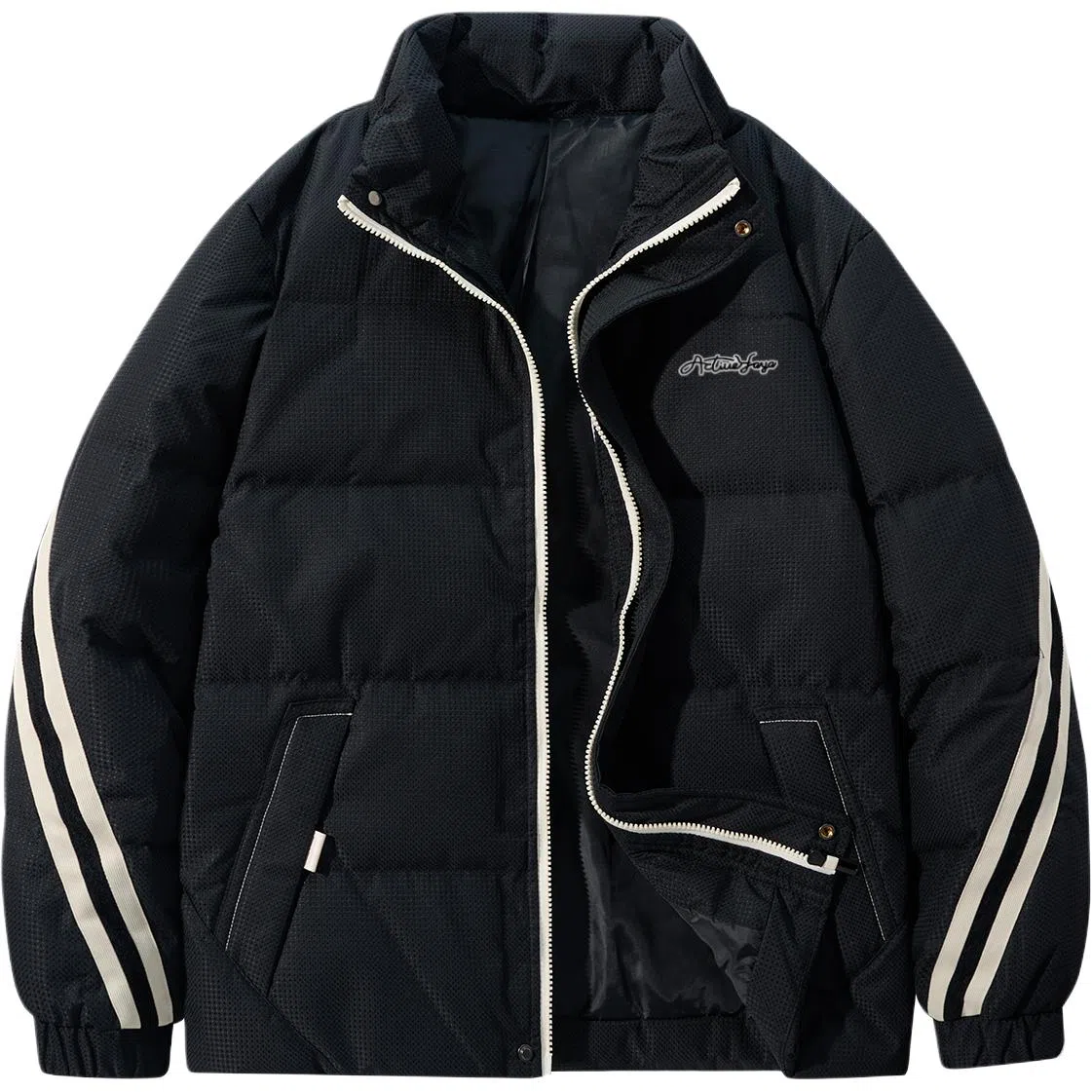 鸭鸭 加厚保暖鸭绒撞色条纹织带休闲宽松立领无帽无性别面包服暗黑羽绒服外套 男女同款