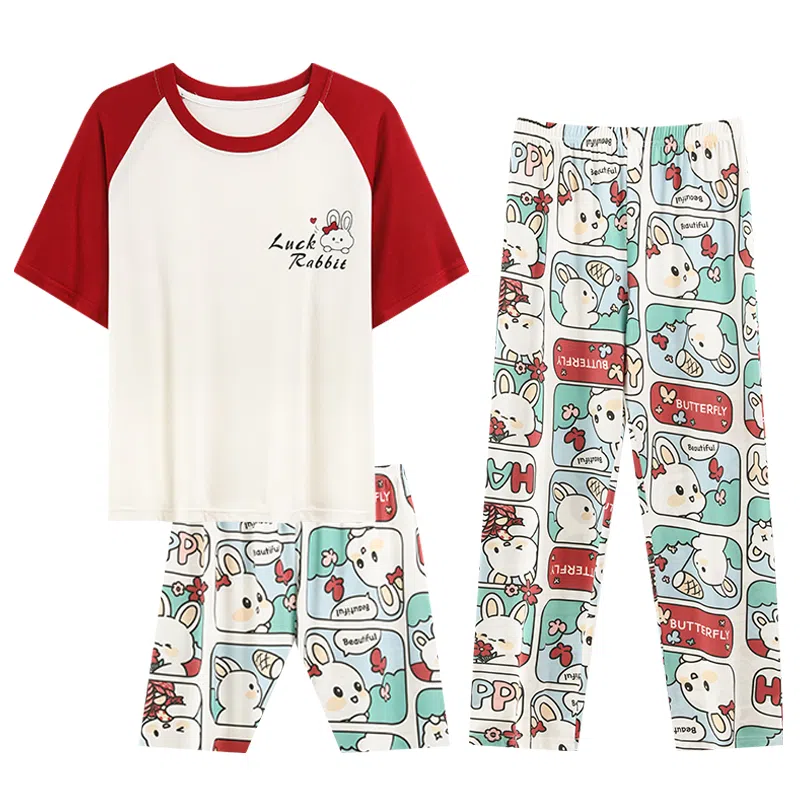 莫代尔 外出可穿大码居家服短袖上衣亲肤休闲简约短裤柔软舒适透气长裤睡衣套装 女款 杏色